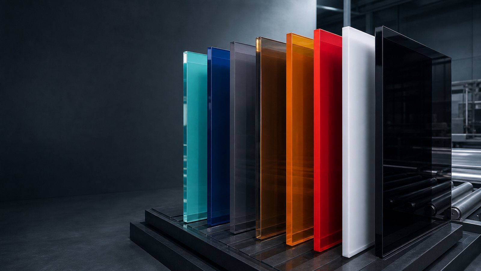 Colored cast acrylic panels prepared for advertising and signage fabrication
